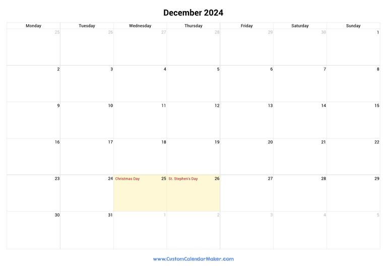 December calendar 2024 with Irish National Holidays