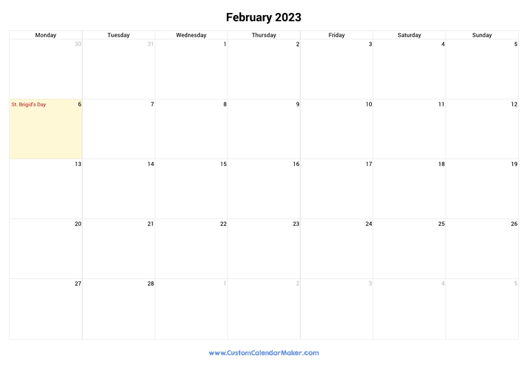 February 2023 calendar with national holidays from Ireland
