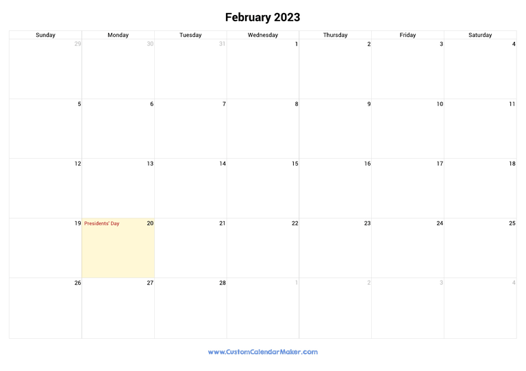 February 2023 calendar with national holidays from United States