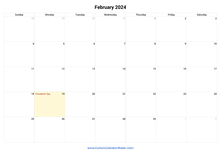 February 2024 calendar with national holidays from United States