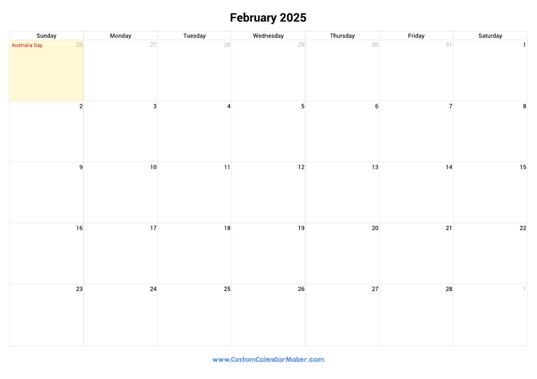 February calendar 2025 with Australian National Holidays