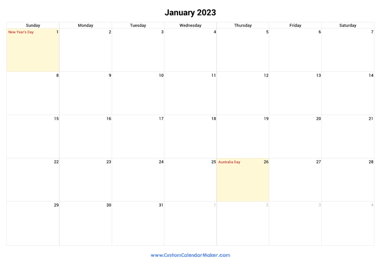 January 2023 calendar with national holidays from Australia