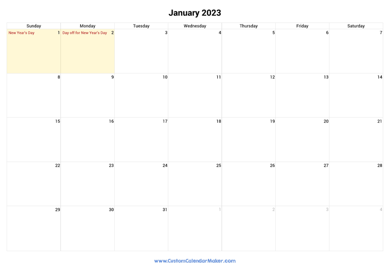 January 2023 calendar with national holidays from Canada