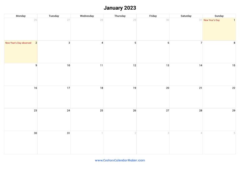January 2023 calendar with national holidays from United Kingdom