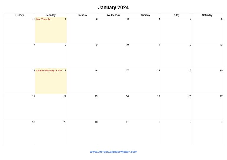 January 2024 calendar with national holidays from United States