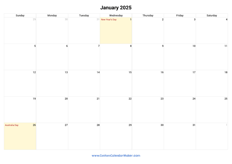January calendar 2025 with Australian National Holidays