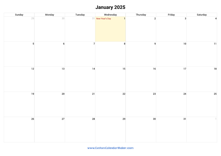 January calendar 2025 with Canadian Holidays