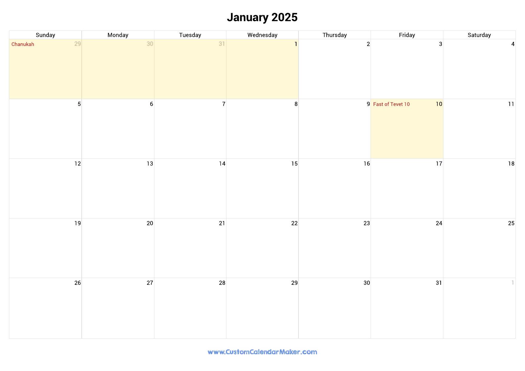 January 2025 Jewish Calendar with Hebrew Holidays