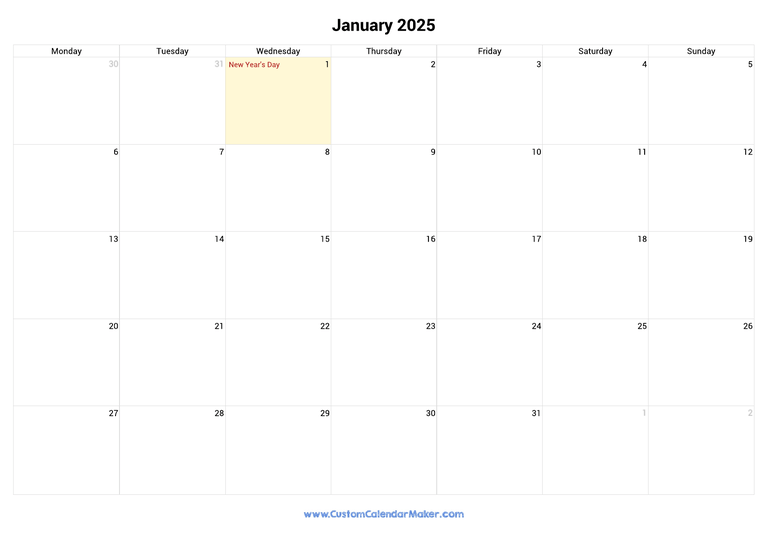 January calendar 2025 with UK Bank Holidays