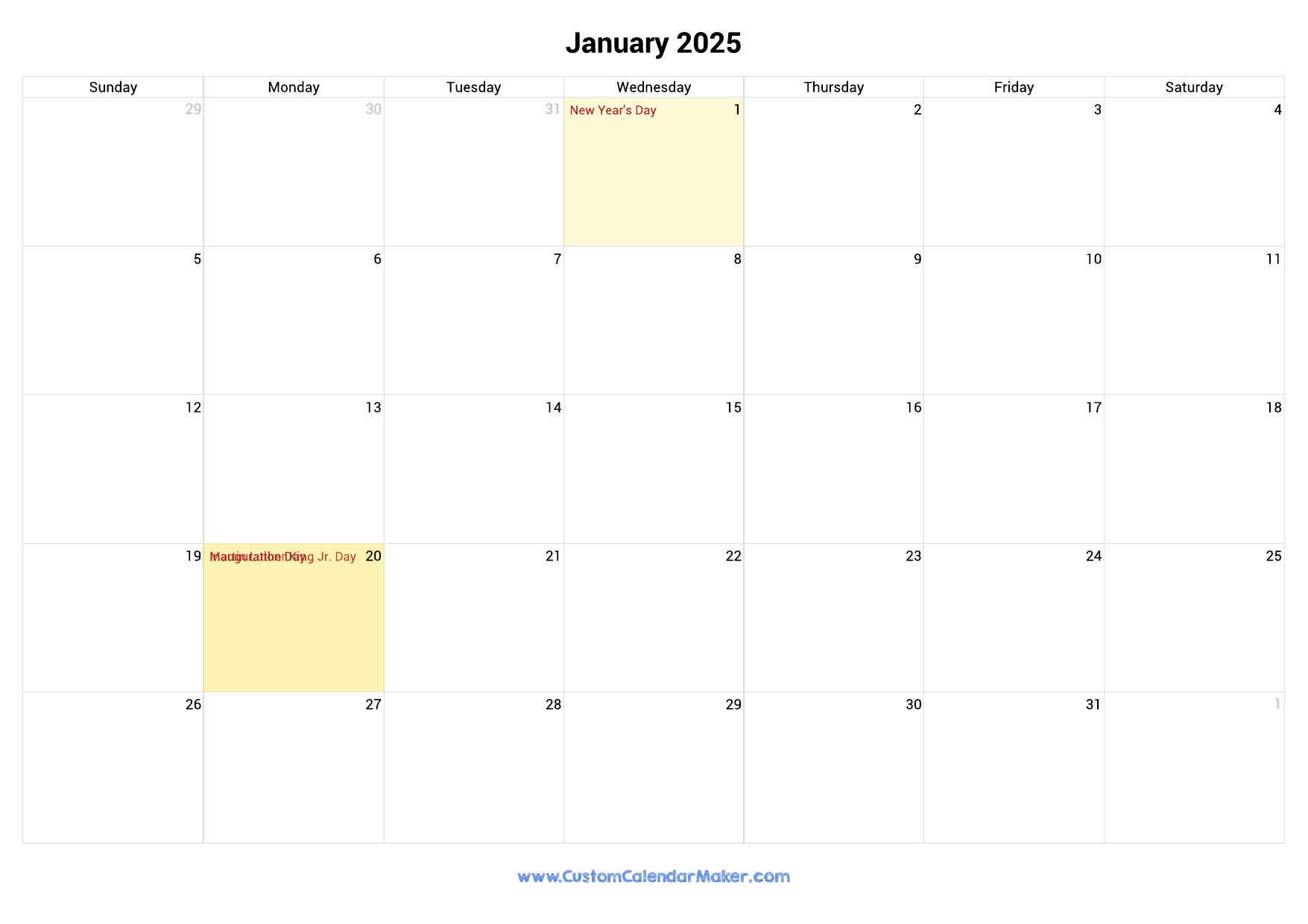 January 2025 Calendar With Us Holidays