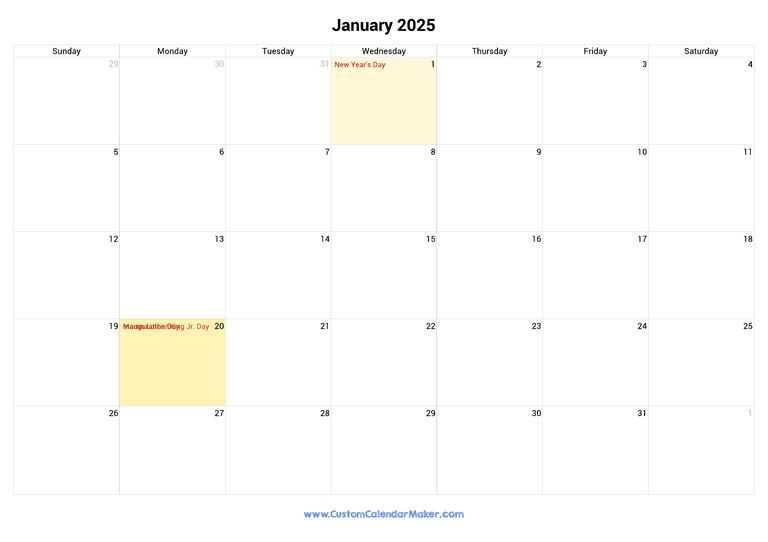 January calendar 2025 with US Federal Holidays