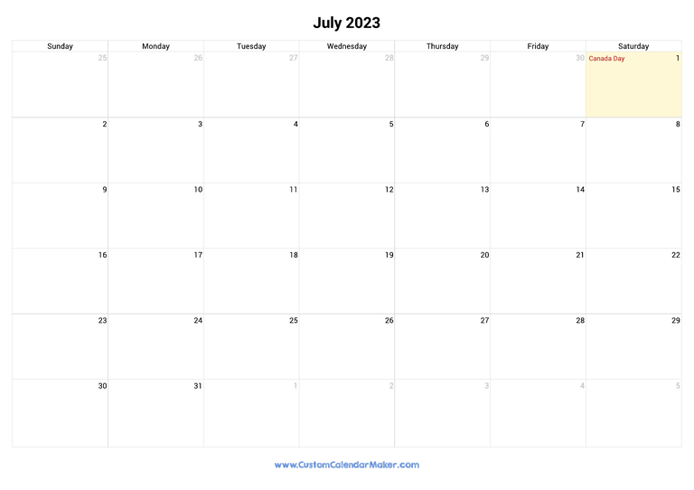 July 2023 calendar with national holidays from Canada