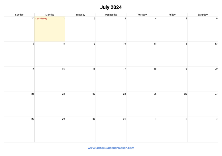 July calendar 2024 with Canadian Holidays