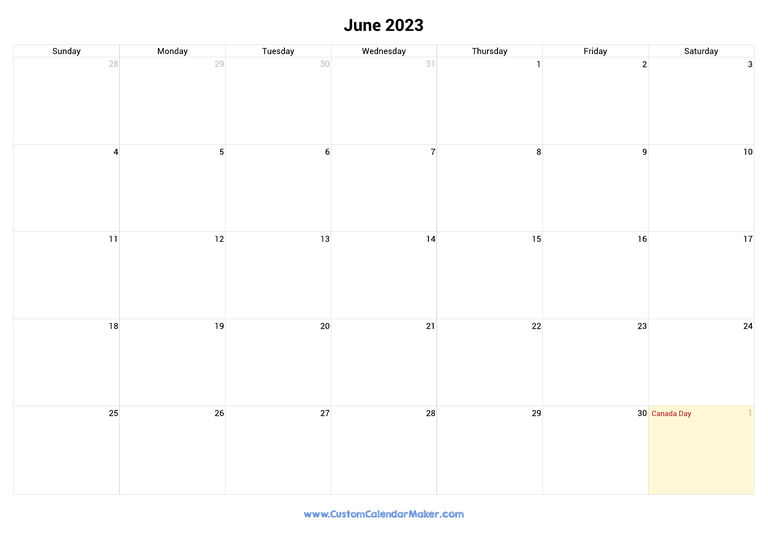 June calendar 2023 with Canadian Holidays