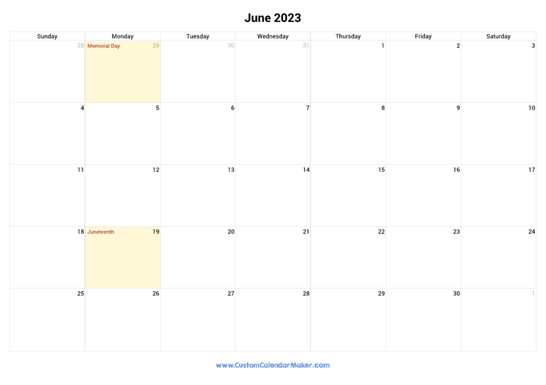 June 2023 calendar with national holidays from United States