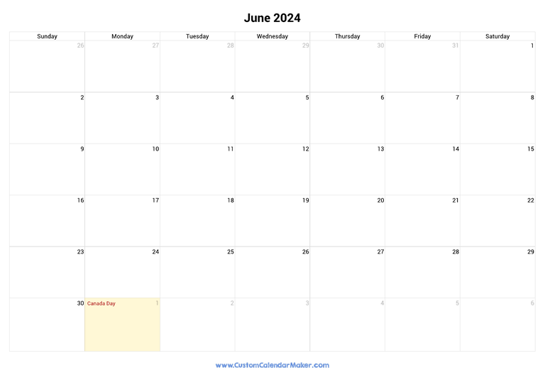 June calendar 2024 with Canadian Holidays
