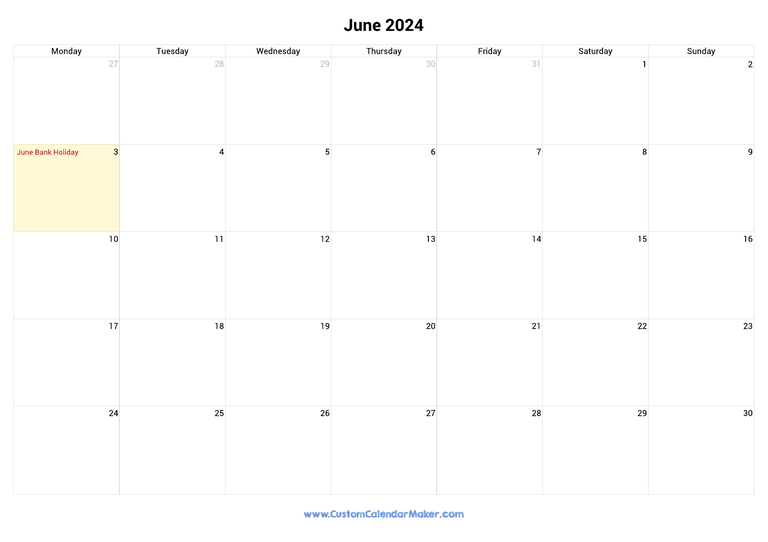 June calendar 2024 with Irish National Holidays