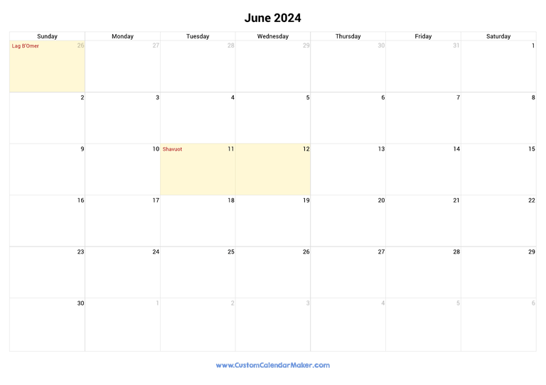 June 2024 Jewish Calendar with Holidays