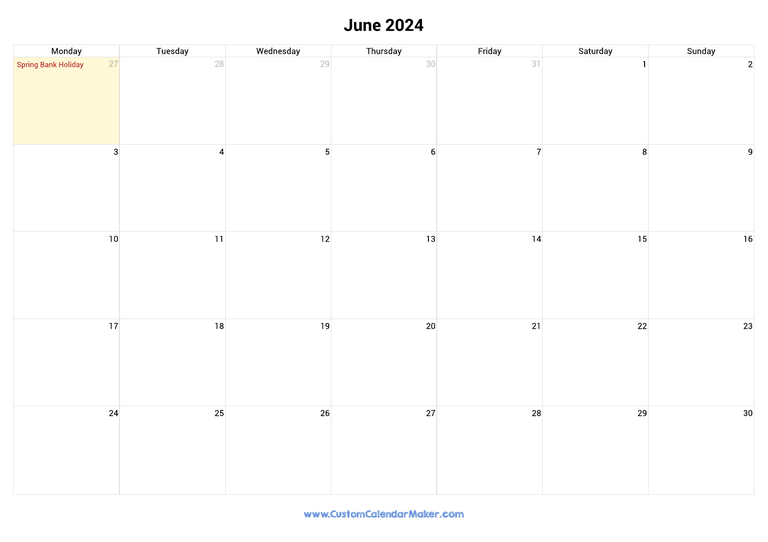June calendar 2024 with UK Bank Holidays