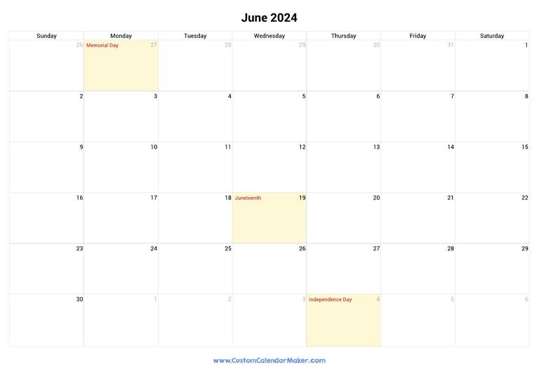 June calendar 2024 with US Federal Holidays