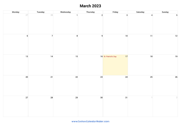 March 2023 calendar with national holidays from Ireland