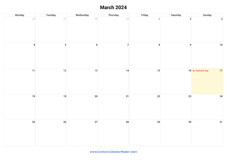 March 2024 calendar with national holidays from Ireland