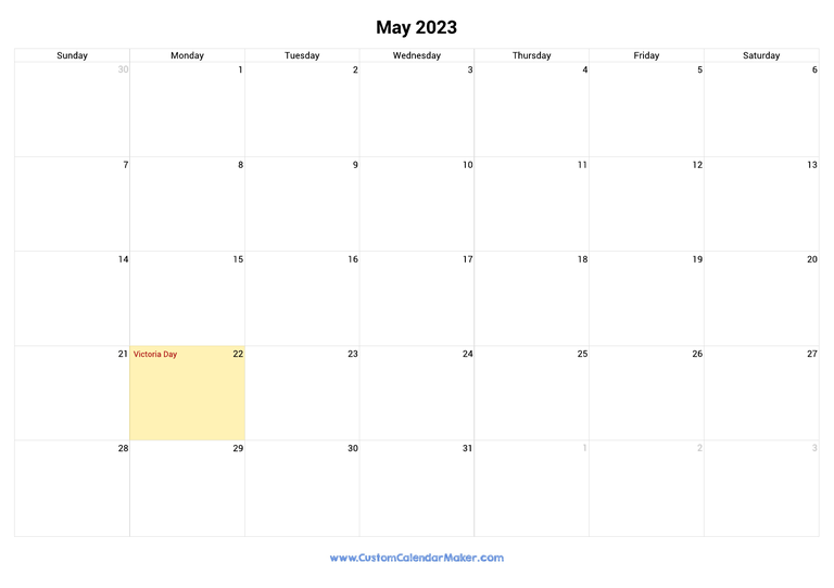 May calendar 2023 with Canadian Holidays