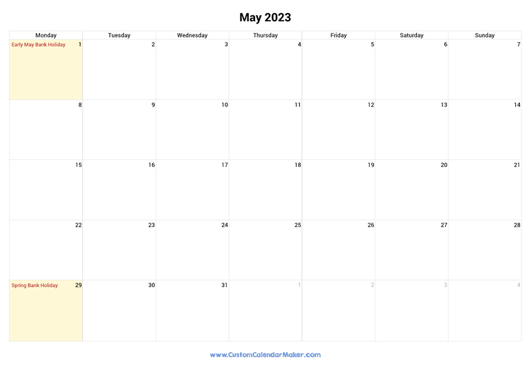 May 2023 calendar with national holidays from United Kingdom