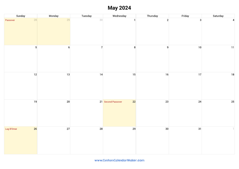 May 2024 Jewish Calendar with Holidays