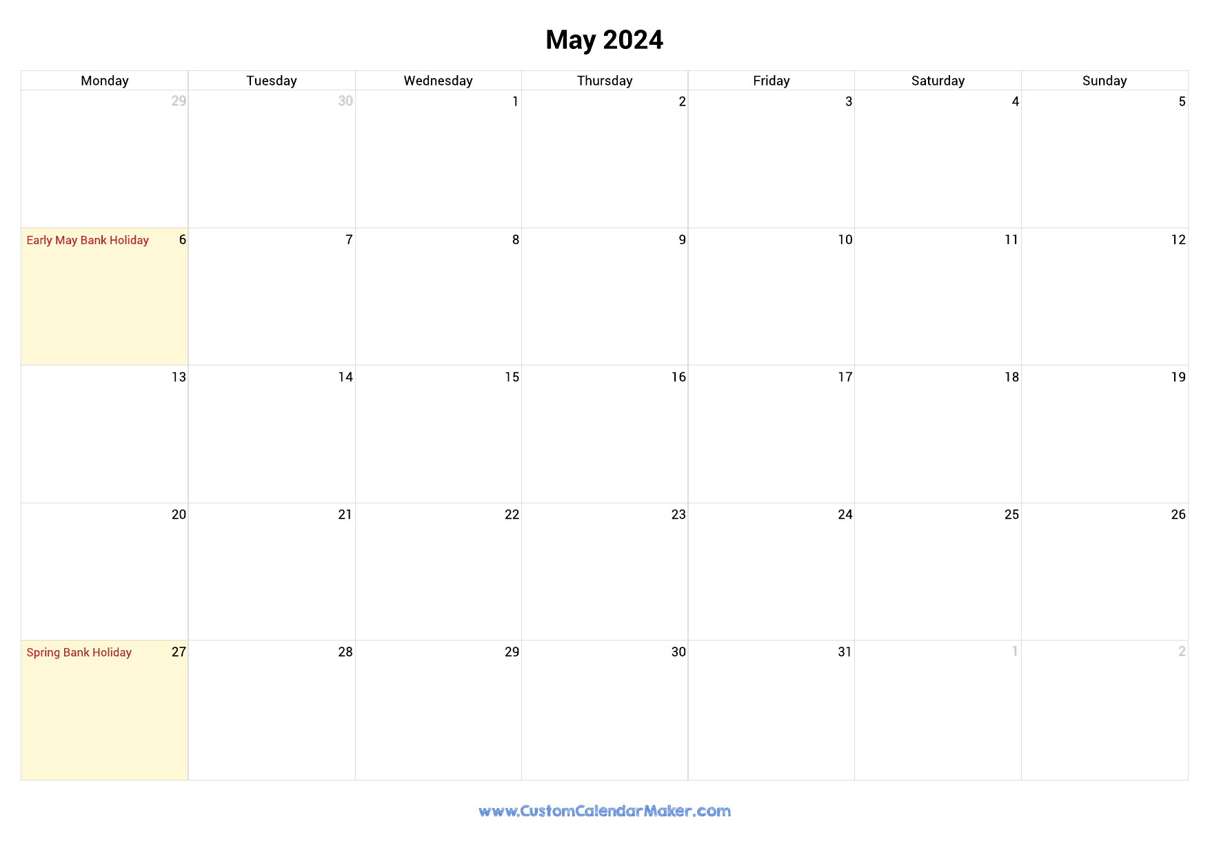 May 2024 Printable Calendar With UK Bank Holidays