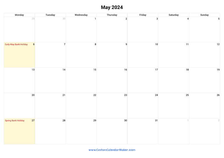 May calendar 2024 with UK Bank Holidays