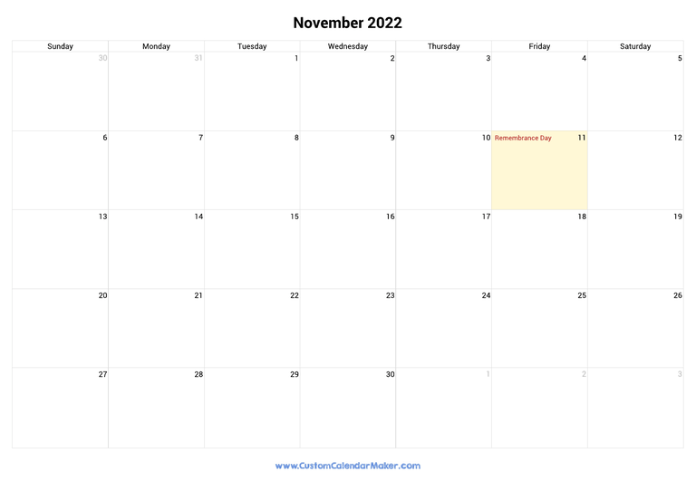 November 2022 calendar with national holidays from Canada