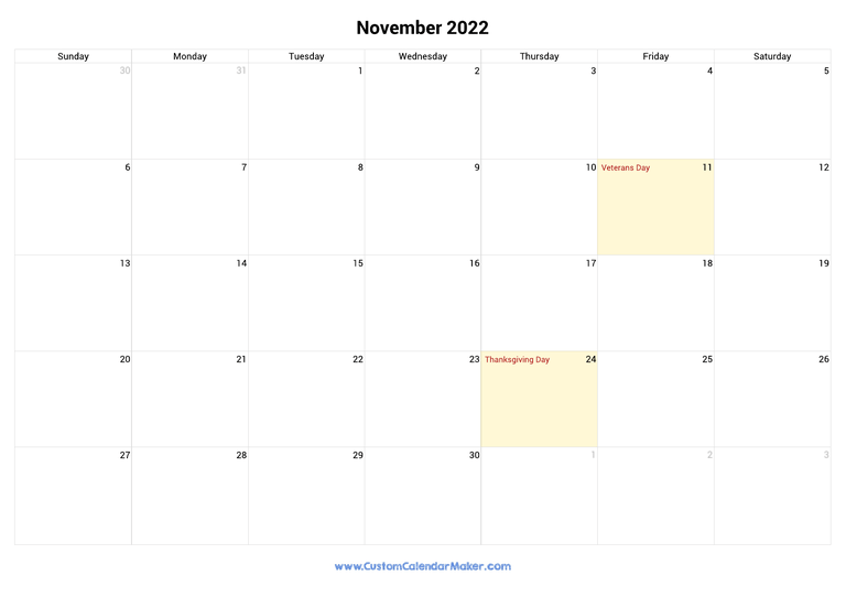 November 2022 calendar with national holidays from United States