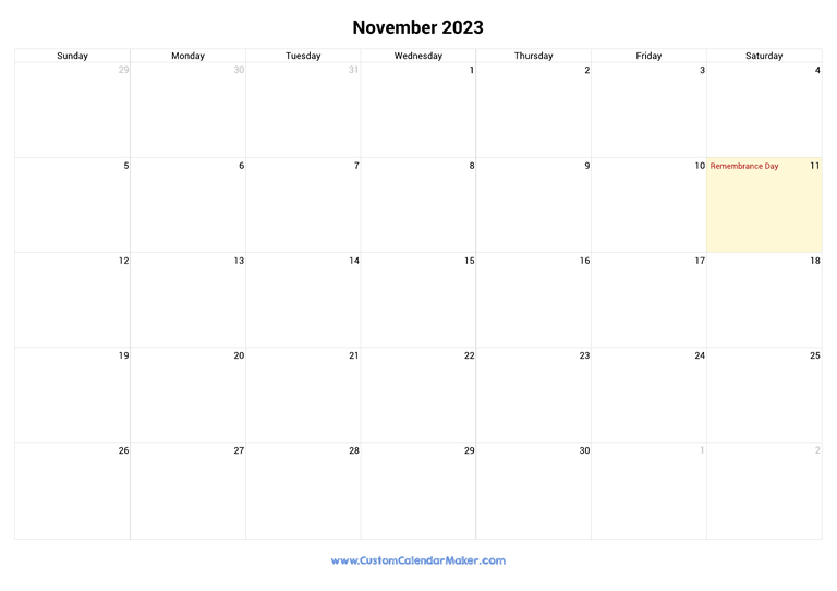 November 2023 calendar with national holidays from Canada
