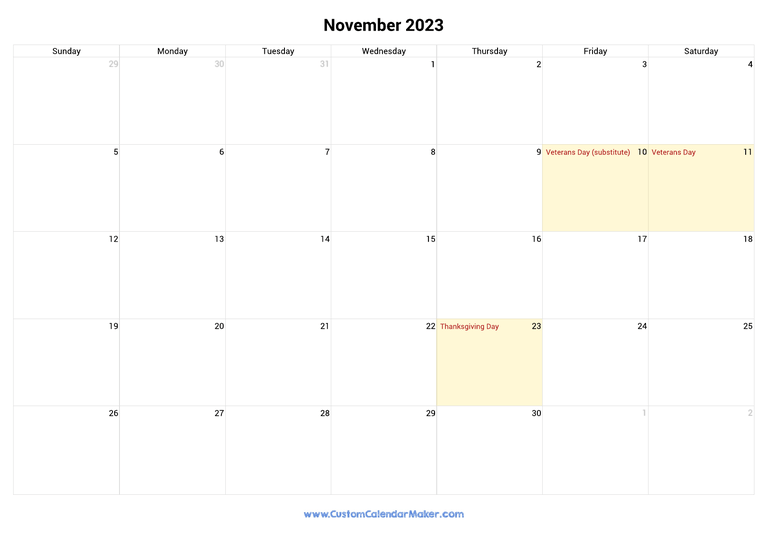 November 2023 calendar with national holidays from United States