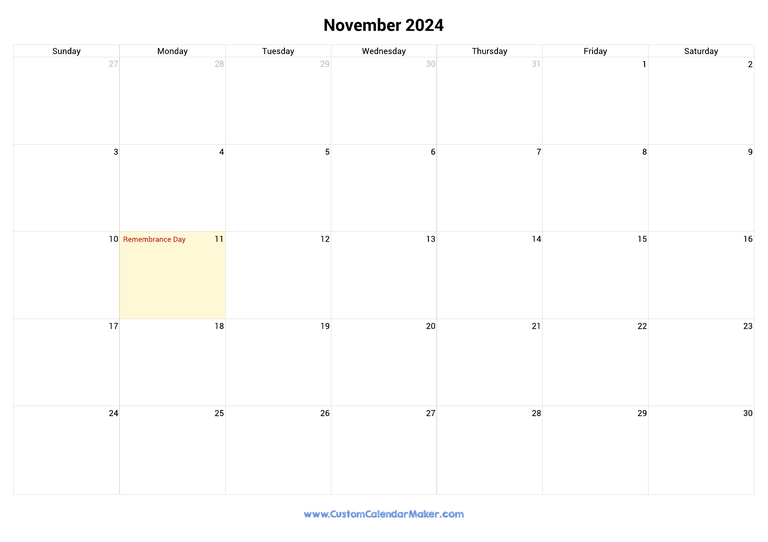 November calendar 2024 with Canadian Holidays
