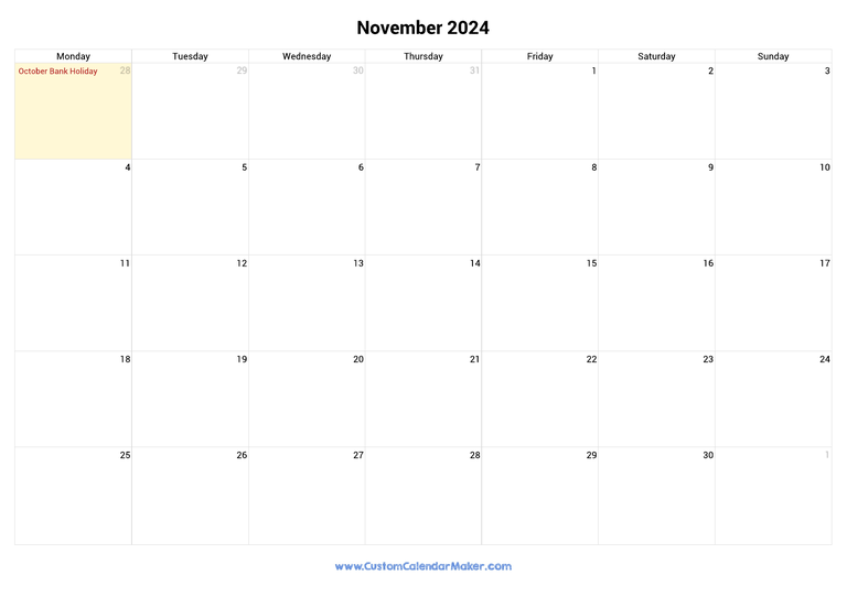 November calendar 2024 with Irish National Holidays