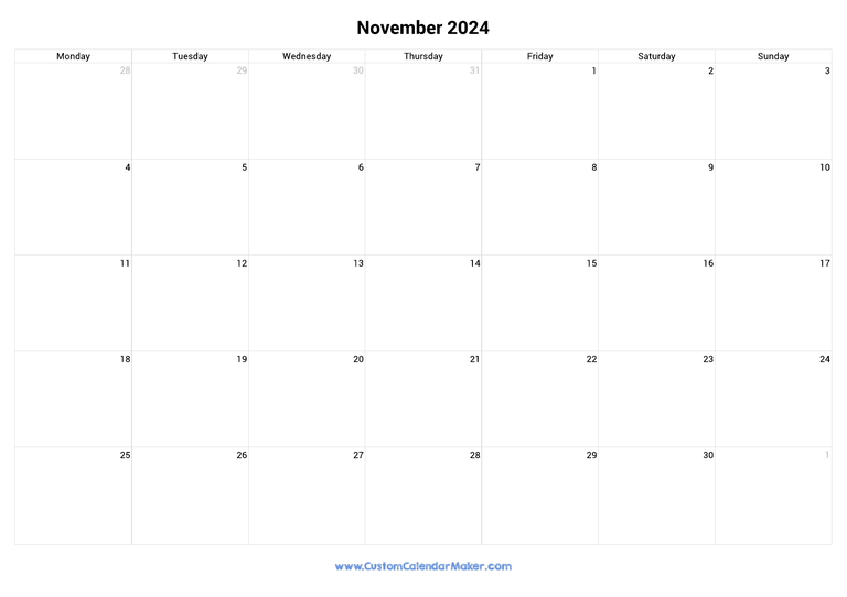 November calendar 2024 with UK Bank Holidays