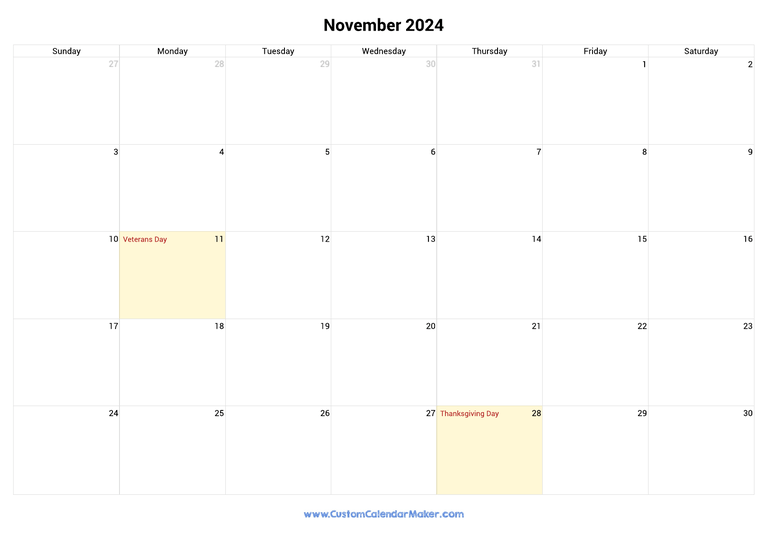 November calendar 2024 with US Federal Holidays