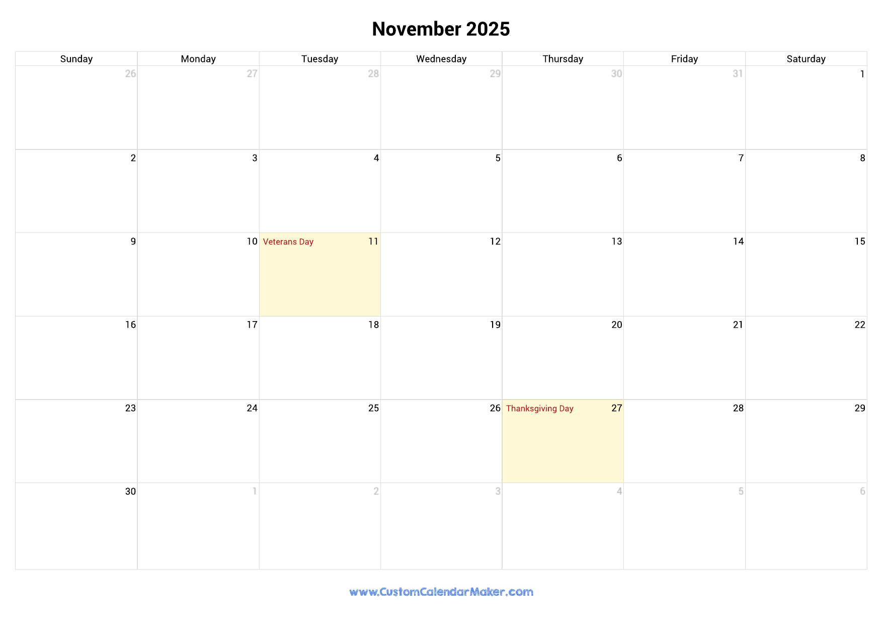 November 2025 Printable Calendar With US Federal Holidays