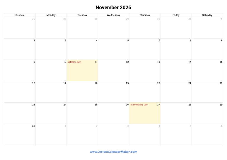 November calendar 2025 with US Federal Holidays