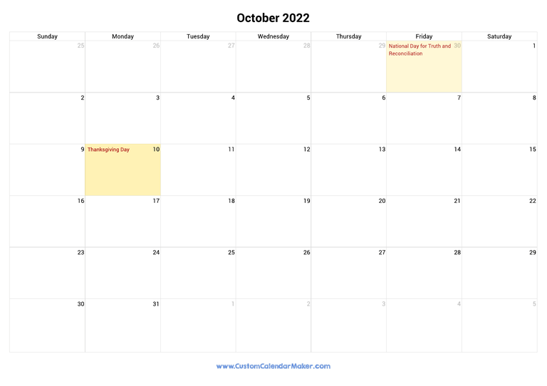 October calendar 2022 with Canadian Holidays