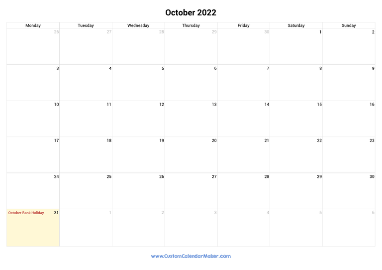 October calendar 2022 with Irish National Holidays
