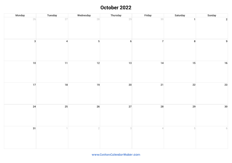 October calendar 2022 with UK Bank Holidays