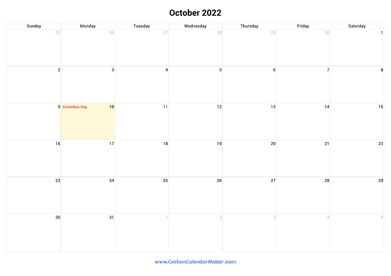 October calendar 2022 with US Federal Holidays