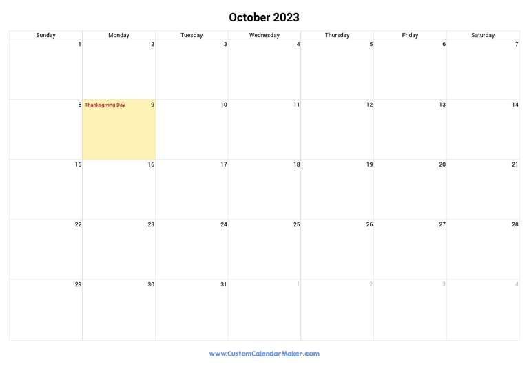 October 2023 calendar with national holidays from Canada