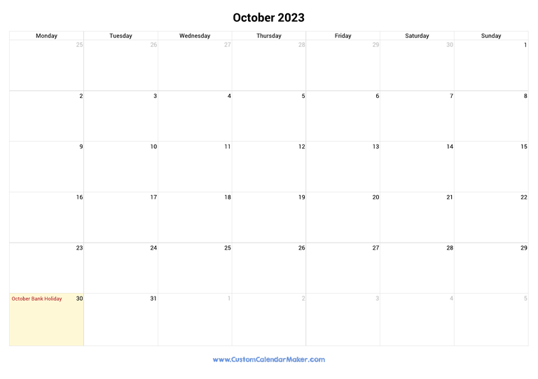October 2023 calendar with national holidays from Ireland