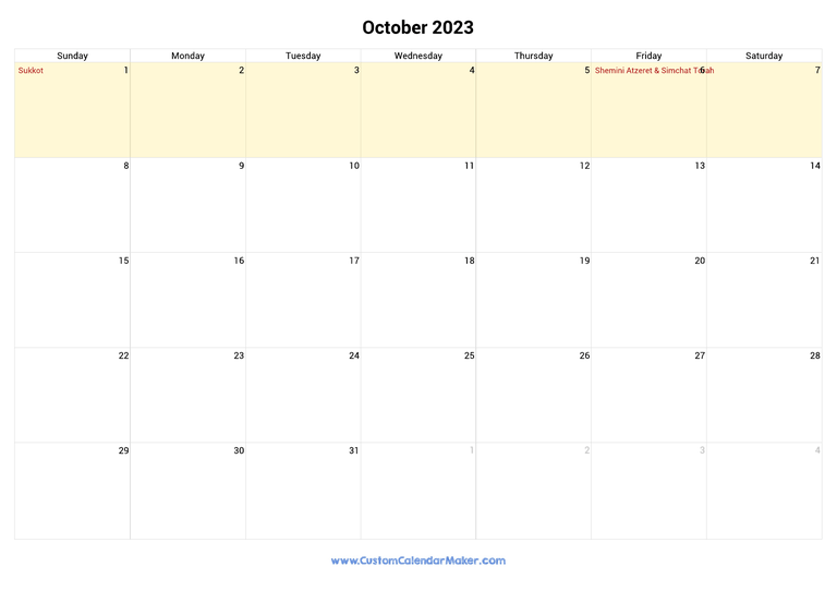 October 2023 calendar with jewish holidays