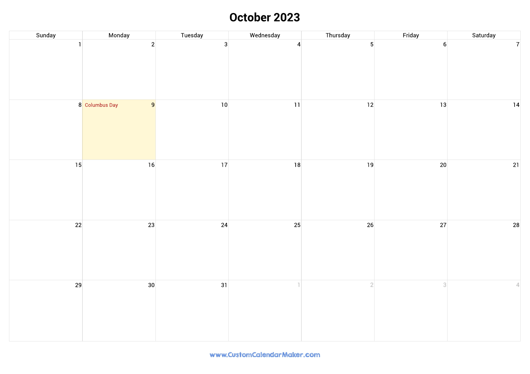 October 2023 Printable Calendar With US Federal Holidays