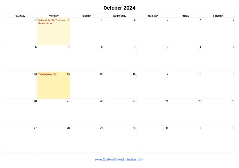 October calendar 2024 with Canadian Holidays